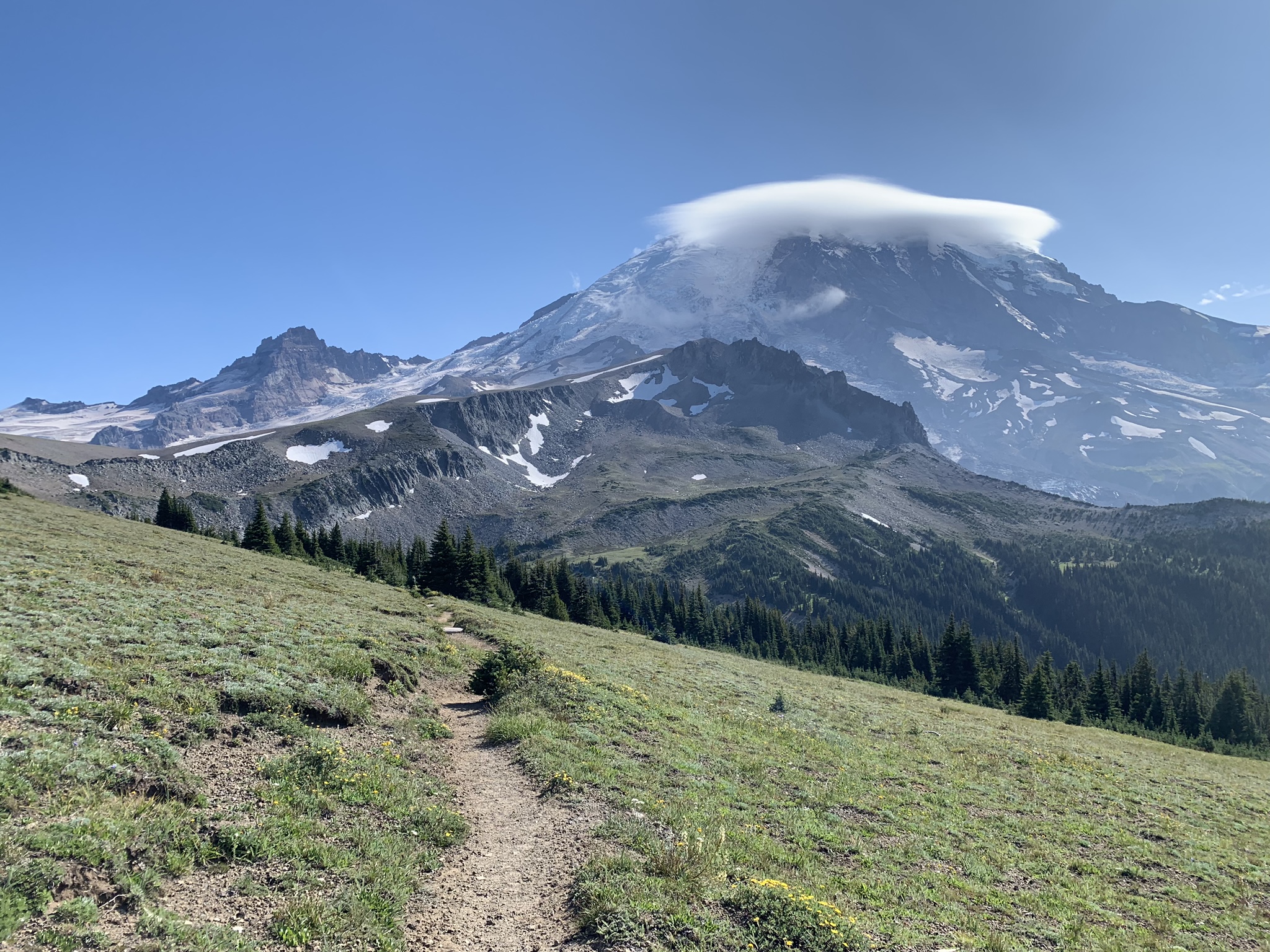 Wonderland trail stretches in front of Mt. Rainier