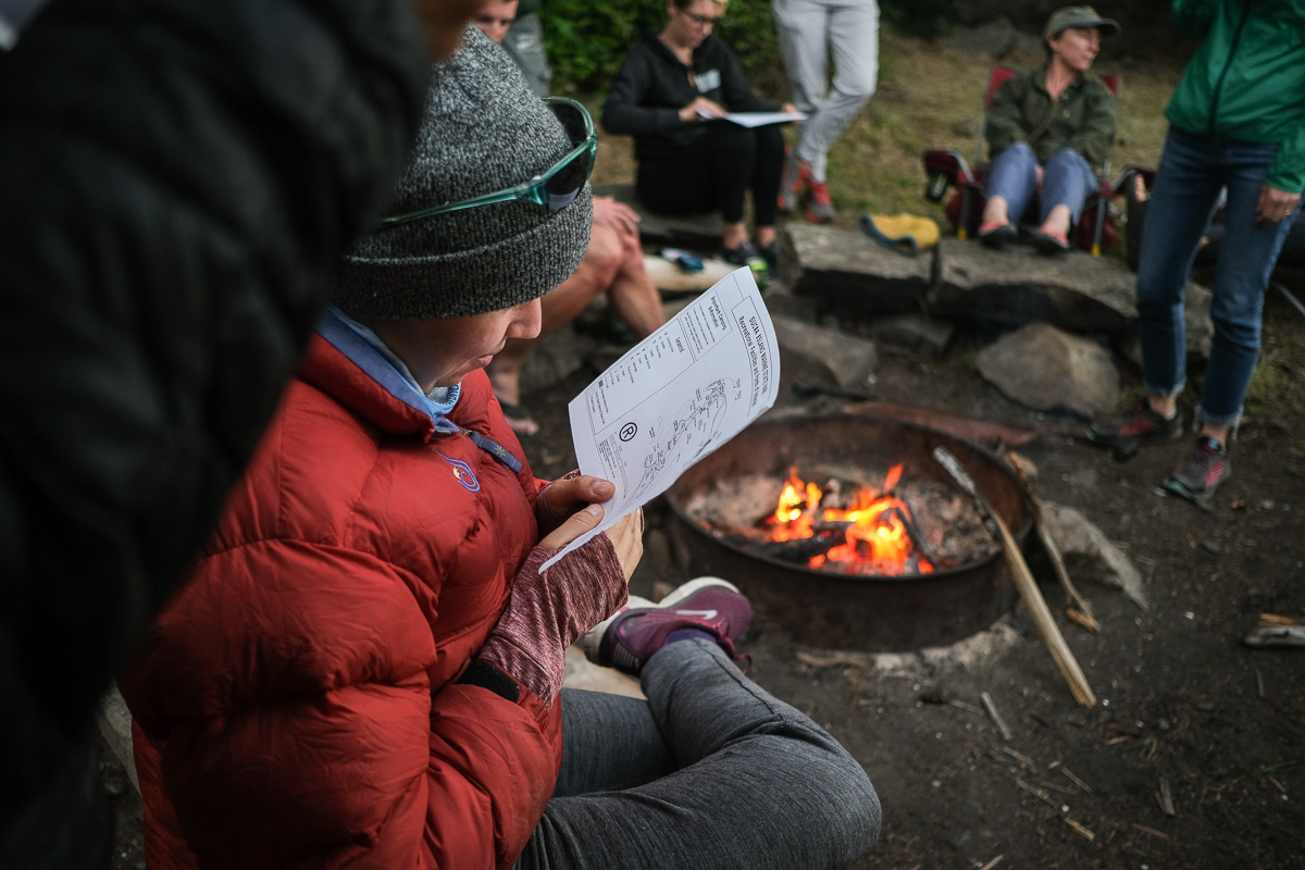 a person reviews a map by the campfire