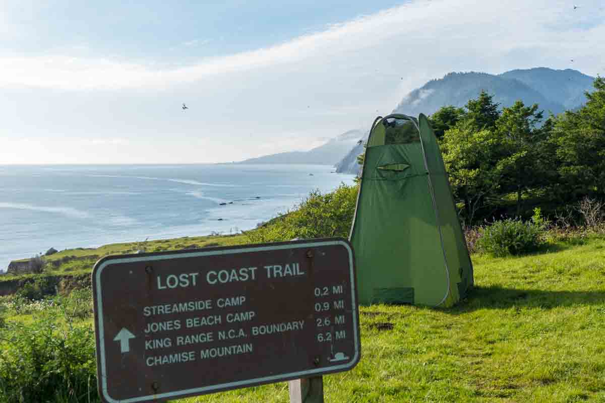 camp shower while trail running on the Lost Coast in California